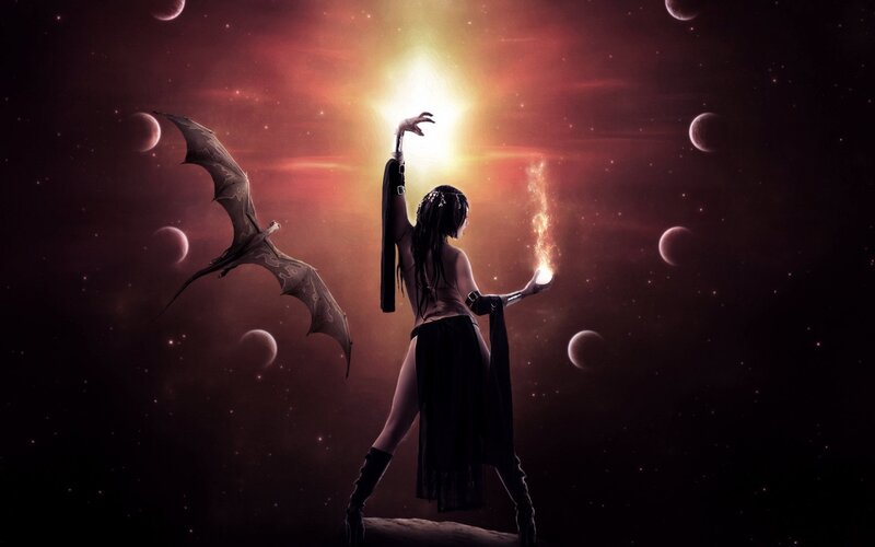 Woman with Dragon in Space — Red