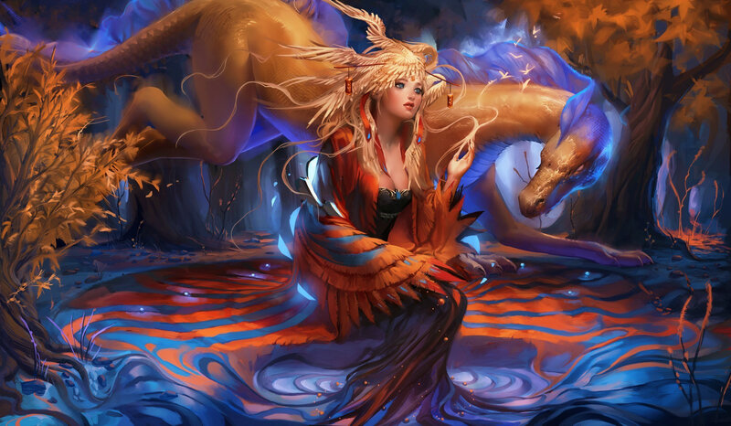 Woman with Dragon in Water — Blue, Dramatic, Night