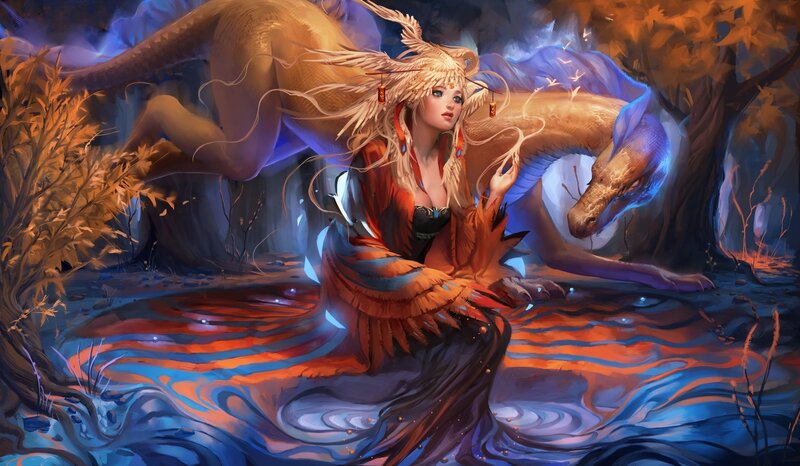 Woman with Dragon in Water — Blue, Dramatic