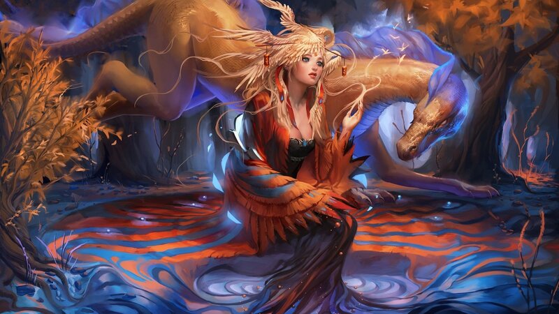 Woman with Dragon in Water — Blue