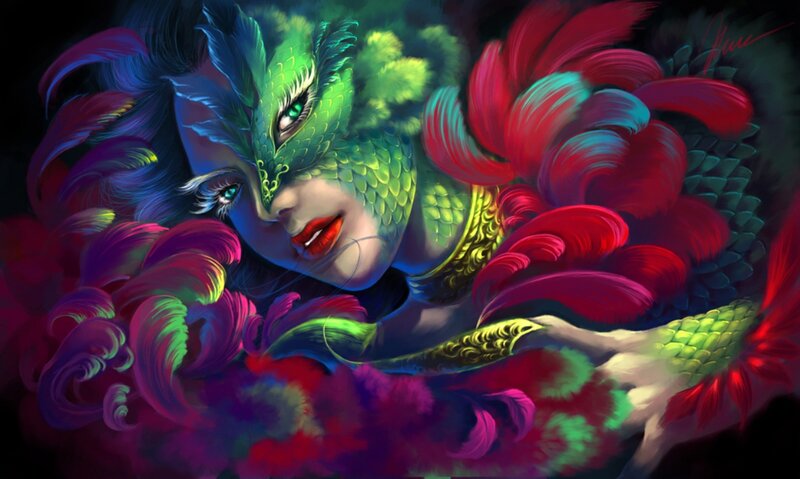 Woman with Dragon Mask — Green, Dramatic