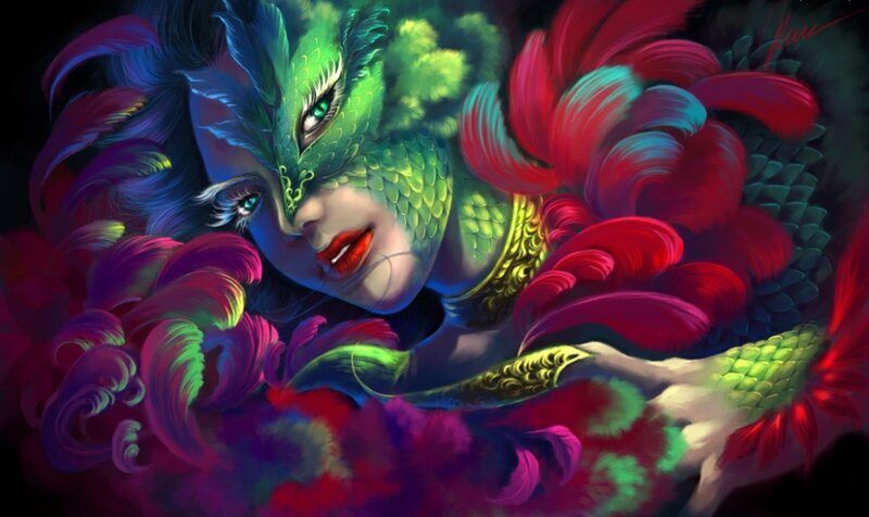Woman with Dragon Mask — Green