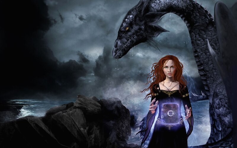 woman with dragon on a cliff
