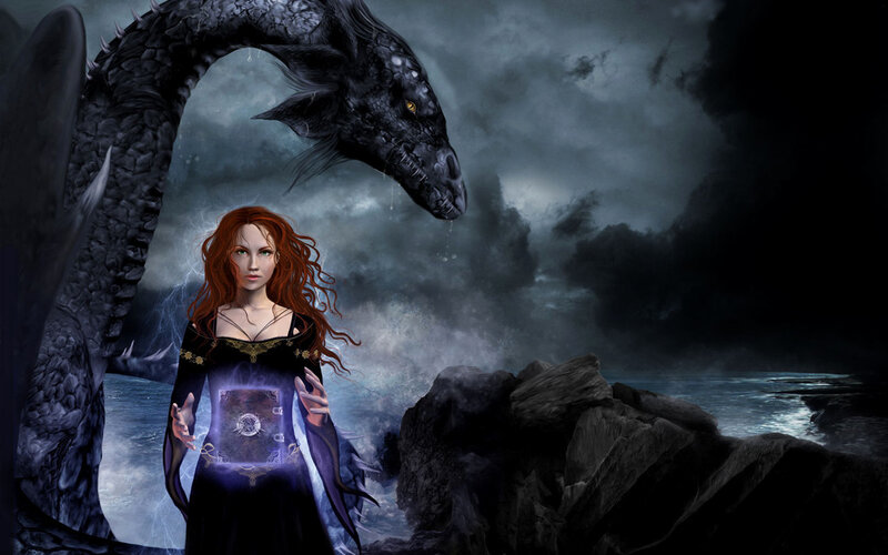 woman with dragon on rocky shore