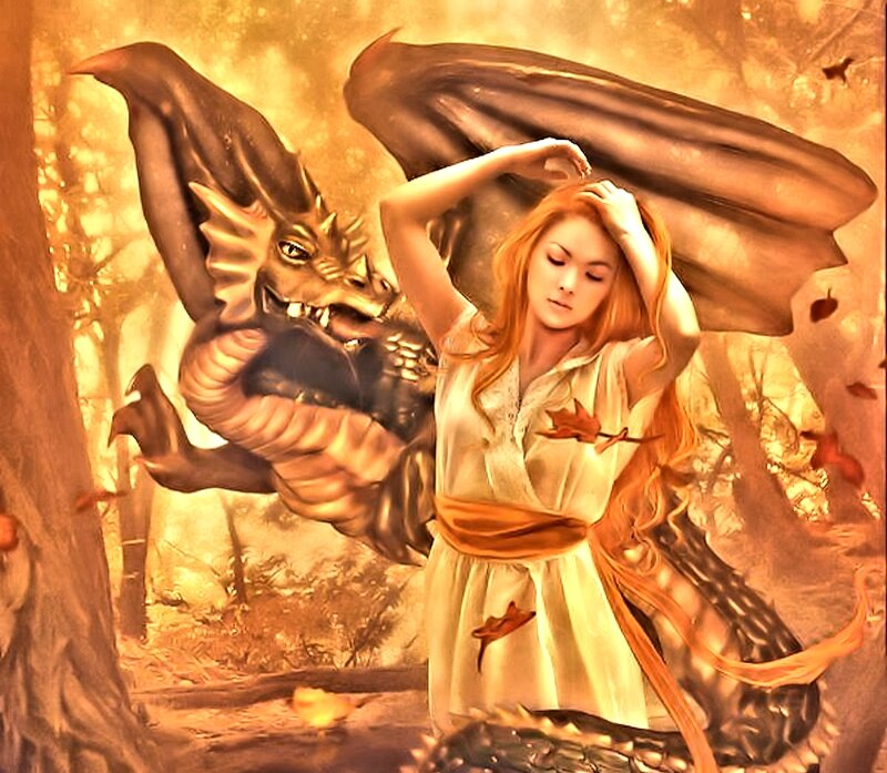Woman with Dragon — Orange, Dramatic, Autumn