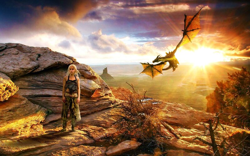 Woman with Dragon — Orange, Dramatic, Sunrise