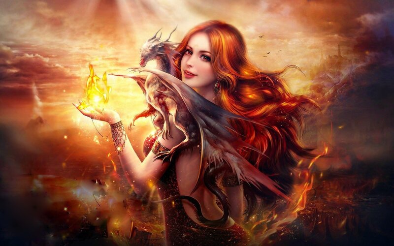 Woman with Dragon — Orange, Dramatic, Sunset, Digital Art