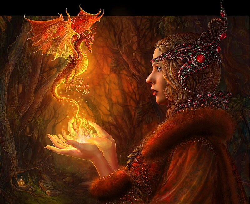 Woman with Dragon — Orange, Dramatic