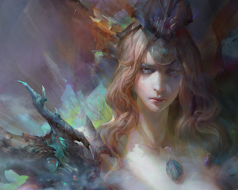 Woman with Dragon — Purple, Dramatic, Digital Art, Crown