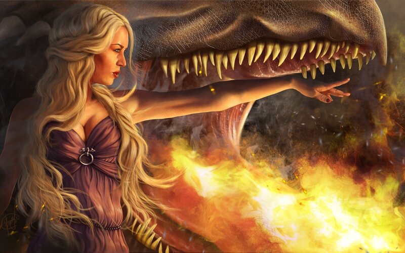 Woman with Dragon — Purple, Dramatic, Digital Art, Fire, Flame