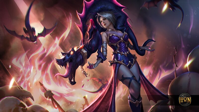 Woman with Dragon — Purple, Dramatic, Digital Art, Fire, Skulls