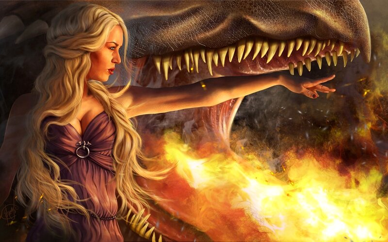 Woman with Dragon — Purple, Dramatic, Digital Art, Fire