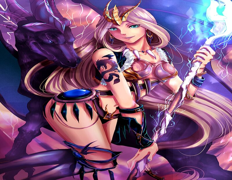 Woman with Dragon — Purple, Dramatic, Digital Art, Lightning