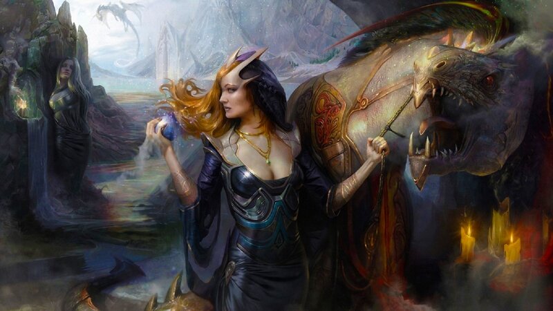 Woman with Dragon — Purple, Dramatic, Digital Art, Magic