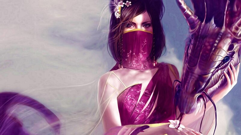 Woman with Dragon — Purple, Dramatic, Digital Art, Mask, Flowers, Pink