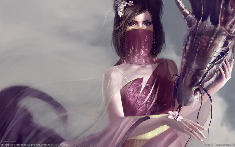 Woman with Dragon — Purple, Dramatic, Digital Art, Mask