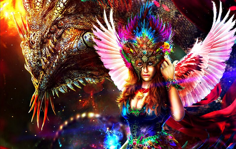 Woman with Dragon — Purple, Dramatic, Digital Art, Wings