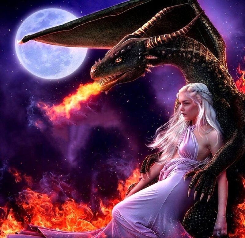Woman with Dragon — Purple, Dramatic, Night, Digital Art, Fire
