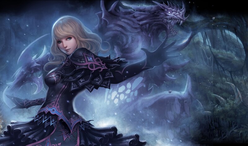 Woman with Dragon — Purple, Dramatic, Night, Digital Art, Forest, Armor
