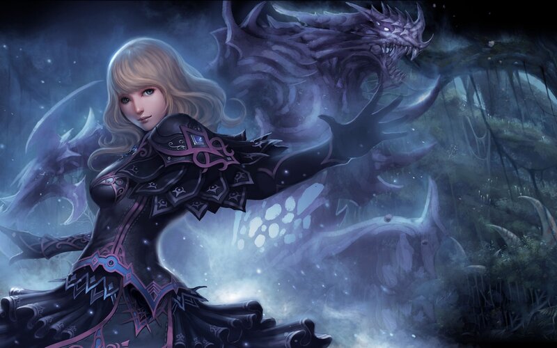Woman with Dragon — Purple, Dramatic, Night, Digital Art, Forest