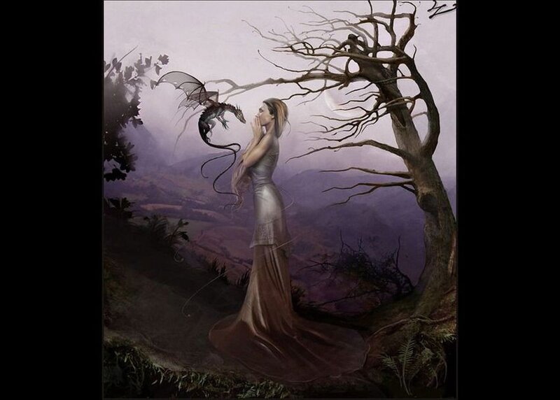 Woman with Dragon — Purple, Dramatic, Night, Digital Art