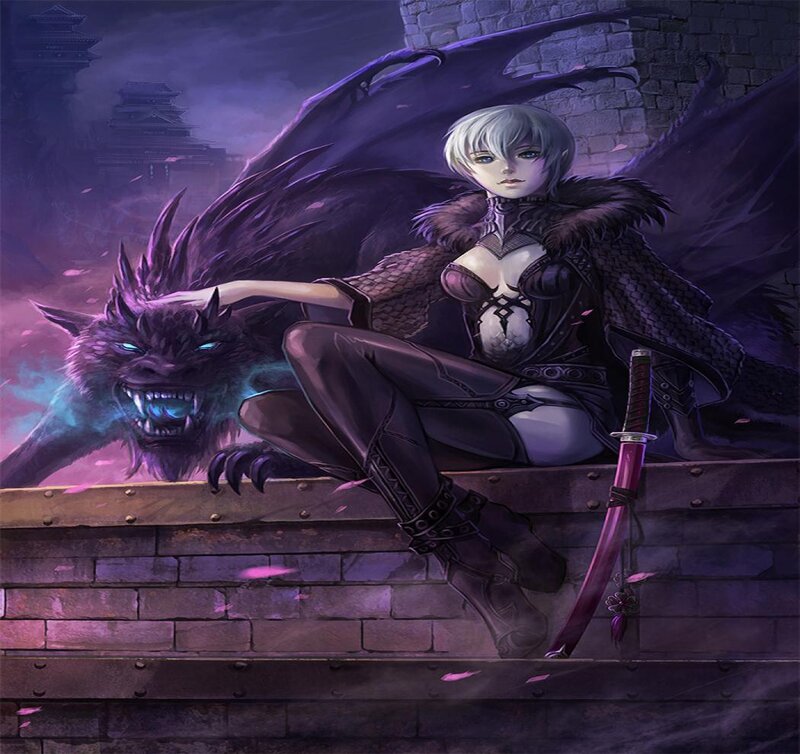 Woman with Dragon — Purple, Dramatic, Night