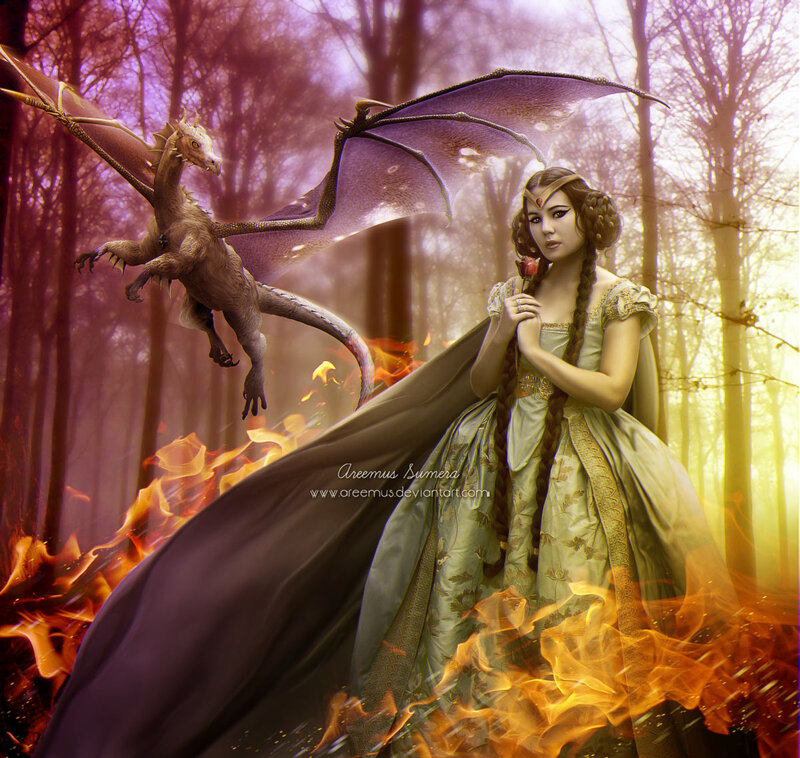 Woman with Dragon — Purple, Dramatic, Sunset, Digital Art