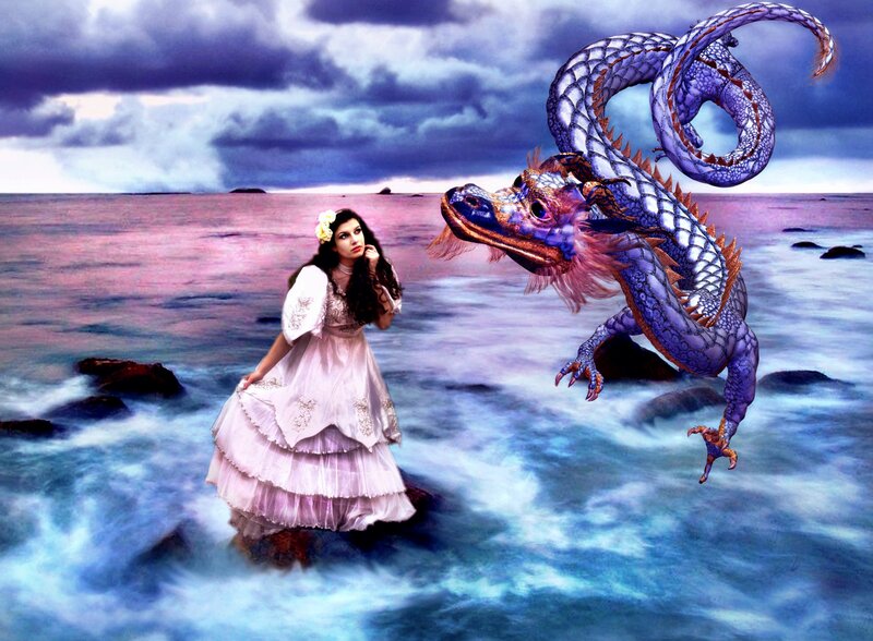 Woman with Dragon — Purple, Dramatic, Sunset