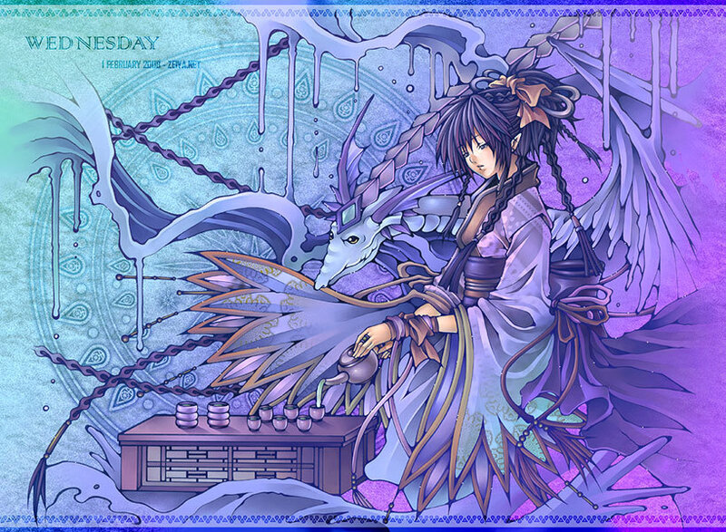 Woman with Dragon — Purple, Serene, Digital Art, Tea Set