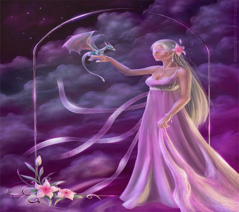 Woman with Dragon — Purple, Serene, Night, Digital Art, Flower