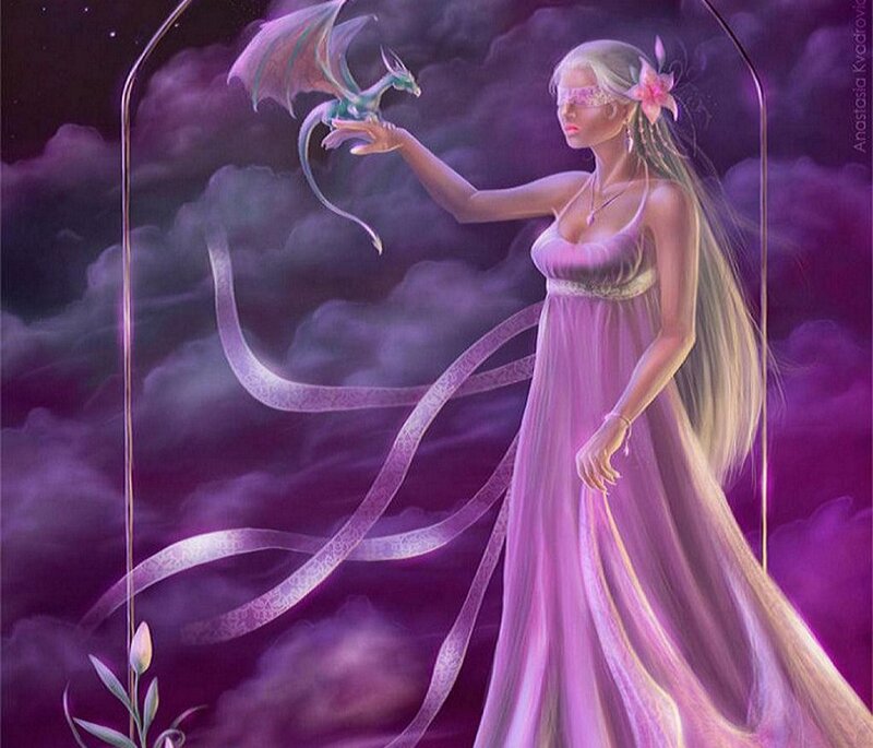 Woman with Dragon — Purple, Serene, Night, Digital Art