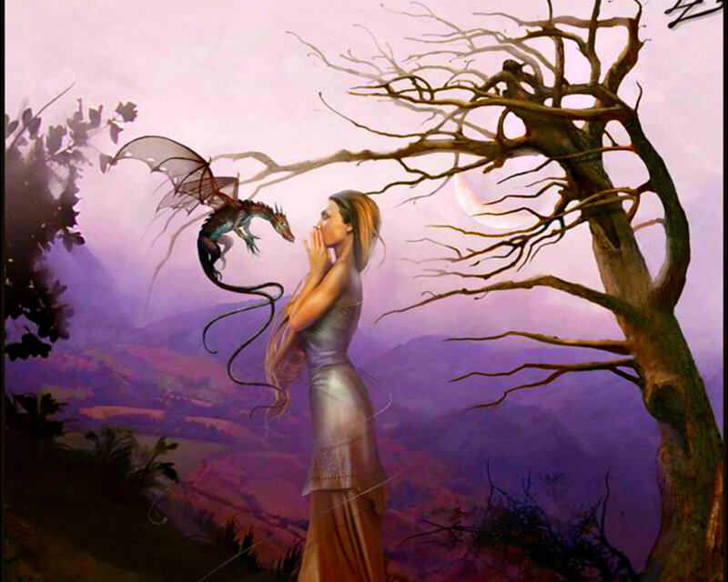 Woman with Dragon — Purple, Serene, Night