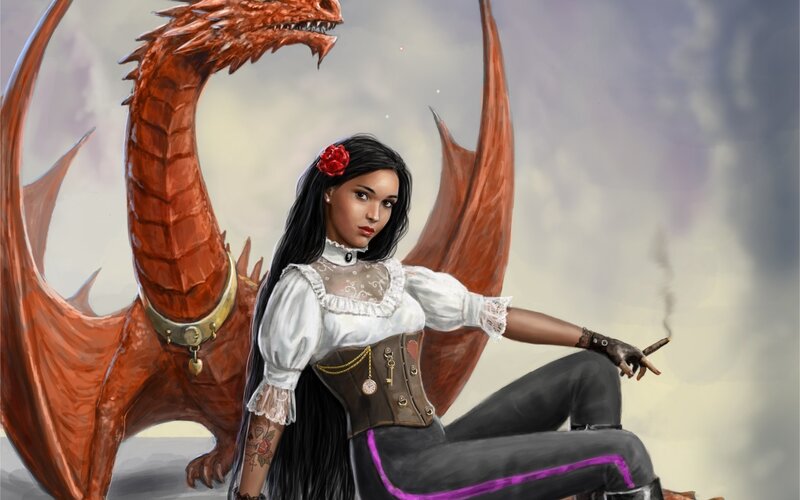 Woman with Dragon — Red, Dramatic, Digital Art, Cigarette