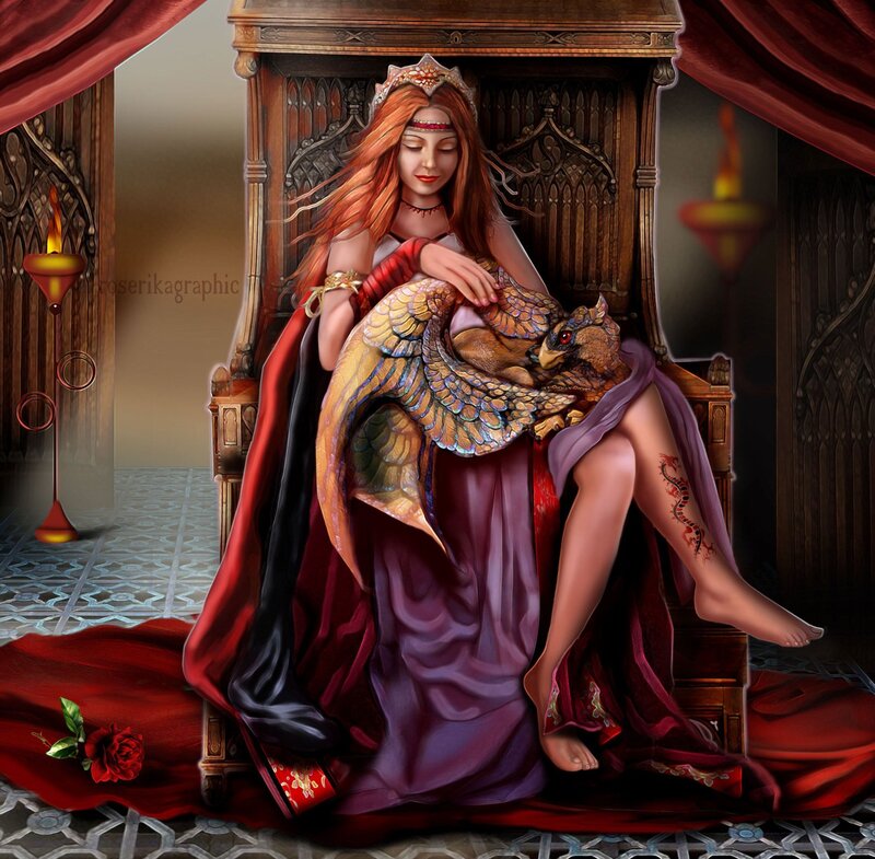 Woman with Dragon — Red, Dramatic, Digital Art, Crown, Throne