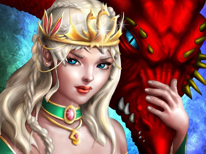 Woman with Dragon — Red, Dramatic, Digital Art, Crown