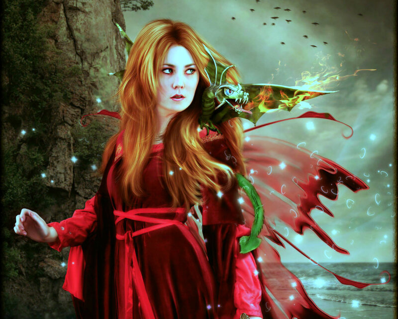 Woman with Dragon — Red, Dramatic, Digital Art, Fire, Sea