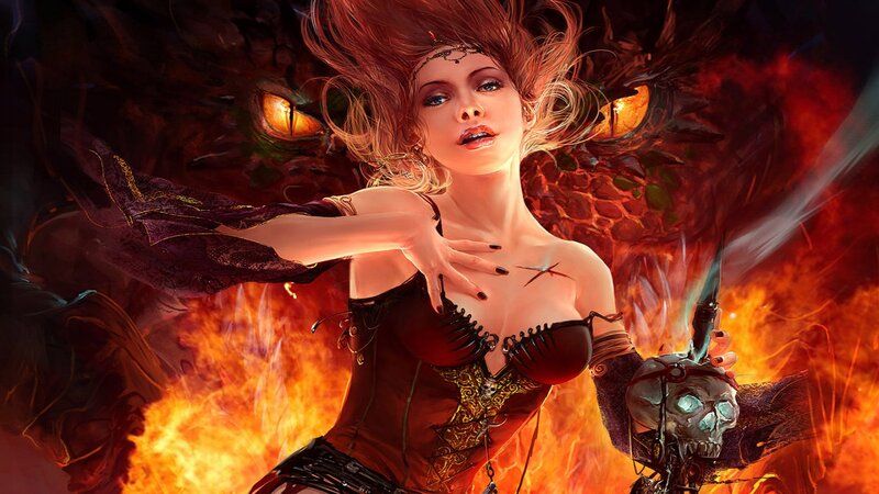 Woman with Dragon — Red, Dramatic, Digital Art, Flames, Skull, Corset