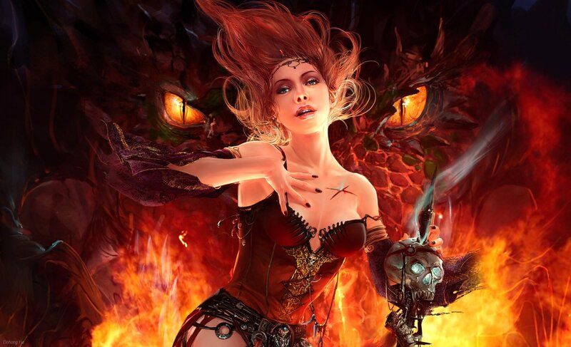 Woman with Dragon — Red, Dramatic, Digital Art, Flames, Skull, Sword
