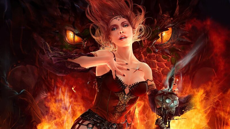 Woman with Dragon — Red, Dramatic, Digital Art, Flames