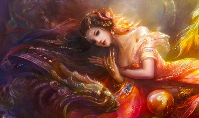 Woman with Dragon — Red, Dramatic, Digital Art, Instrument