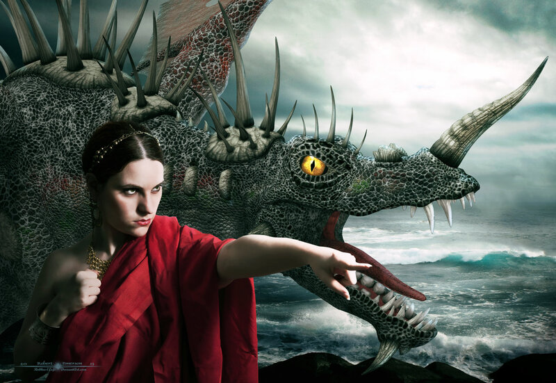 Woman with Dragon — Red, Dramatic, Digital Art, Ocean