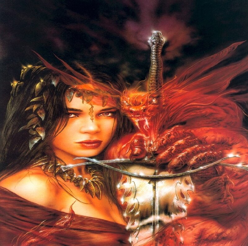Woman with Dragon — Red, Dramatic, Digital Art, Sword