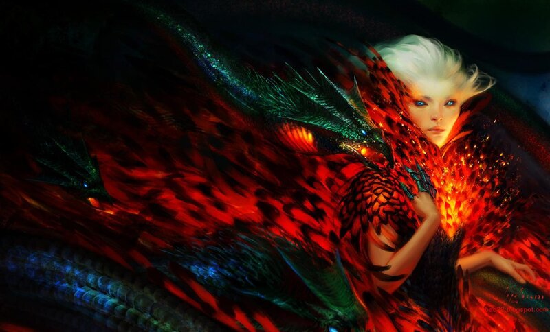 Woman with Dragon — Red, Dramatic, Digital Art