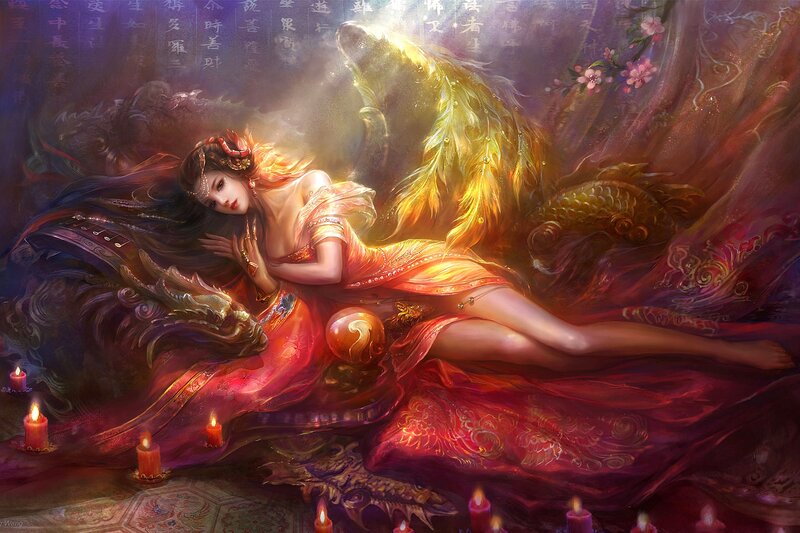 Woman with Dragon — Red, Dramatic, Night, Digital Art, Candles