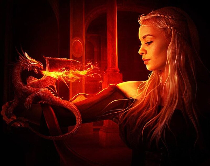 Woman with Dragon — Red, Dramatic, Night, Digital Art, Fire, Castle