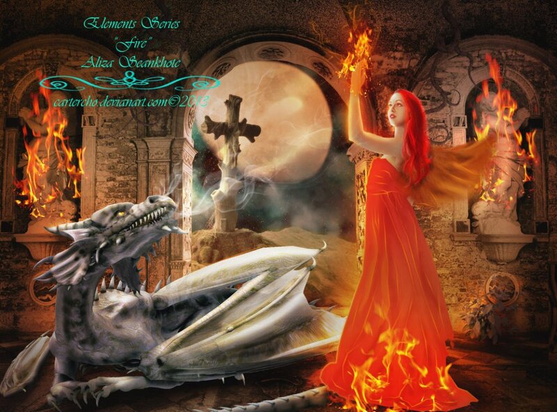 Woman with Dragon — Red, Dramatic, Night, Digital Art, Fire