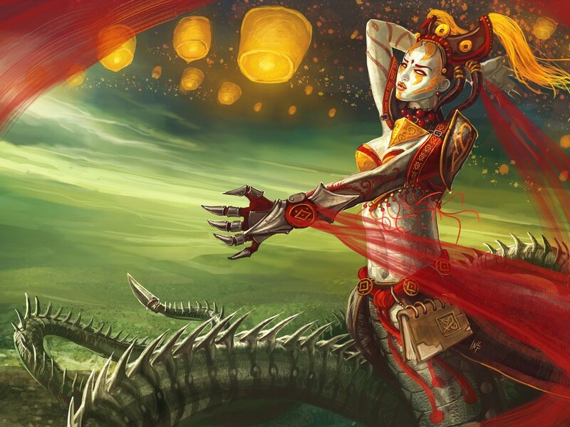 Woman with Dragon — Red, Dramatic, Night, Digital Art, Lanterns
