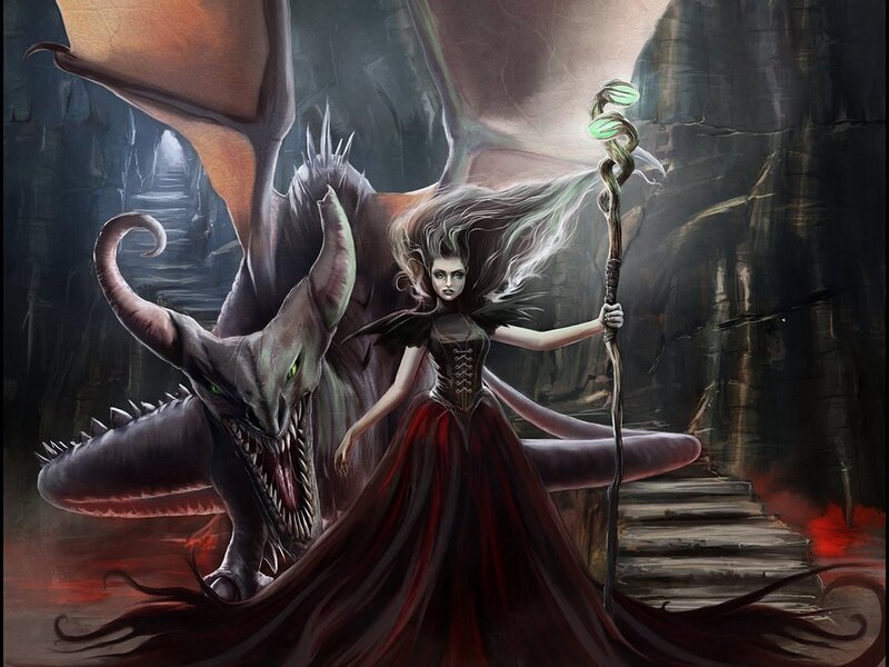 Woman with Dragon — Red, Dramatic, Night, Digital Art, Staff, Cave
