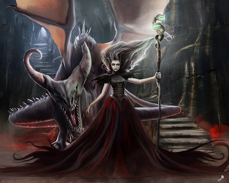 Woman with Dragon — Red, Dramatic, Night, Digital Art, Staff