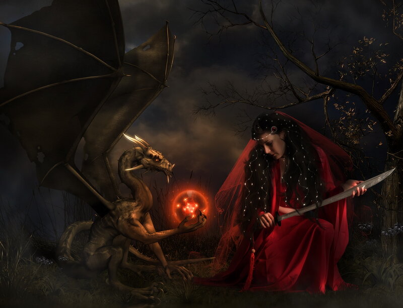 Woman with Dragon — Red, Dramatic, Night, Digital Art, Sword, Magic Ball